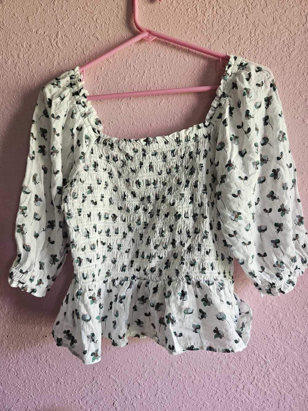 LOFT White Smocked Peplum Top with Green Floral Print - Picture 5 of 6